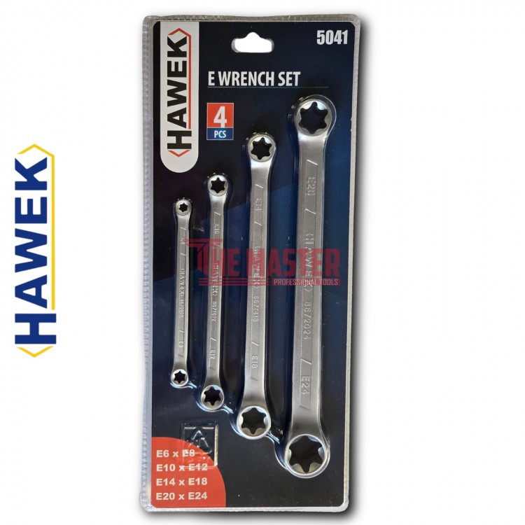 КЛЮЧОВЕ E-TORX В КОМПЛЕКТ ОТ 4 БРОЯ В БЛИСТЕР HAWEK – ИДЕАЛНИ ЗА ПРЕЦИЗНО РЕМОНТИРАНЕ.