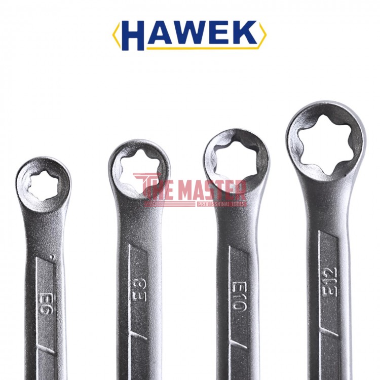 КЛЮЧОВЕ E-TORX В КОМПЛЕКТ ОТ 4 БРОЯ В БЛИСТЕР HAWEK – ИДЕАЛНИ ЗА ПРЕЦИЗНО РЕМОНТИРАНЕ.
