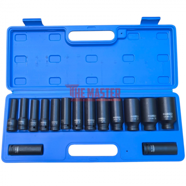 КОМПЛЕКТ УДАРНИ ВЛОЖКИ 1/2″ УДЪЛЖЕНИ, 12-СТЕННИ, 15 ЧАСТИ HAWEK