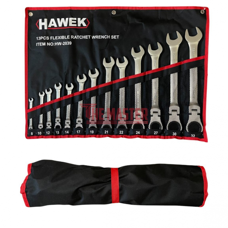 КОМПЛЕКТ ЗВЕЗДОГАЕЧНИ ТРЕСЧОТНИ КЛЮЧОВЕ С ЧУПЕЩО РАМО HAWEK – 13 ЧАСТИ (8–32 ММ)