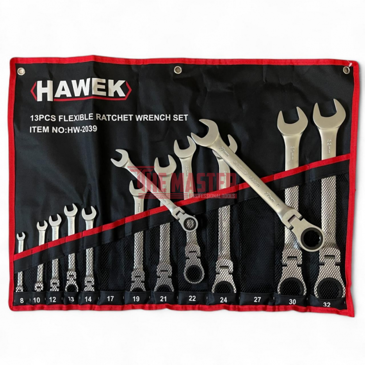 КОМПЛЕКТ ЗВЕЗДОГАЕЧНИ ТРЕСЧОТНИ КЛЮЧОВЕ С ЧУПЕЩО РАМО HAWEK – 13 ЧАСТИ (8–32 ММ)