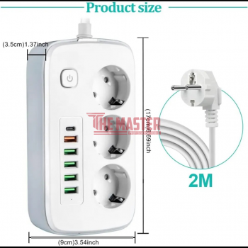 УДЪЛЖИТЕЛЕН КАБЕЛ ЗА БЮРО 2 М – 3 КОНТАКТА + 5 USB ПОРТА (5V/2.1A)