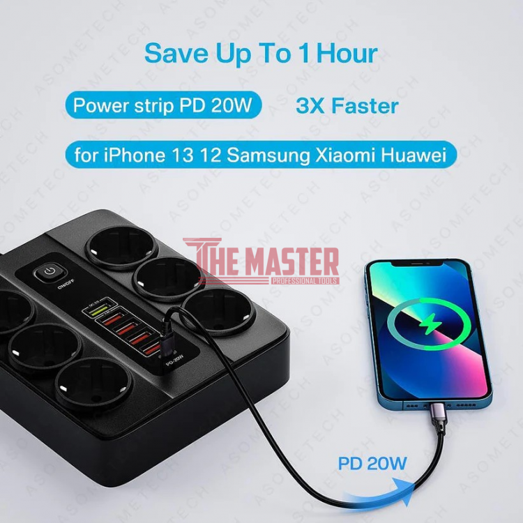 УНИВЕРСАЛЕН РАЗКЛОНИТЕЛ С 6 ГНЕЗДА, 5 USB ПОРТА + 1 TYPE-C, QC3.0, 3000W