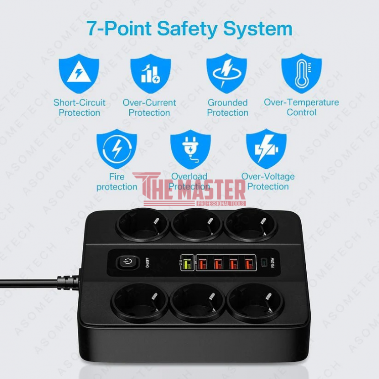 УНИВЕРСАЛЕН РАЗКЛОНИТЕЛ С 6 ГНЕЗДА, 5 USB ПОРТА + 1 TYPE-C, QC3.0, 3000W