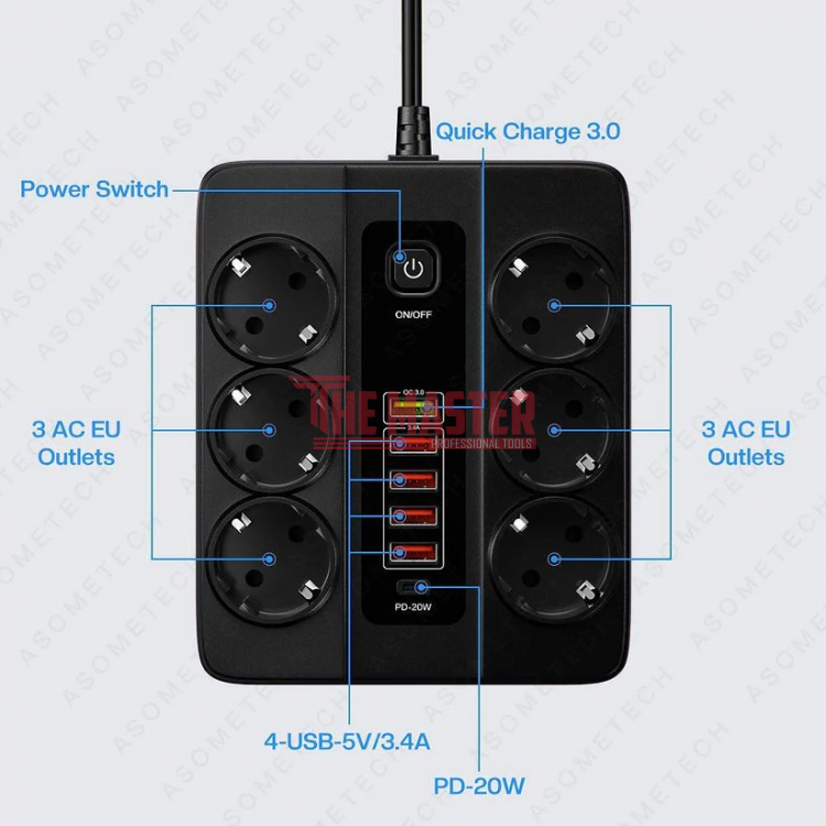 УНИВЕРСАЛЕН РАЗКЛОНИТЕЛ С 6 ГНЕЗДА, 5 USB ПОРТА + 1 TYPE-C, QC3.0, 3000W