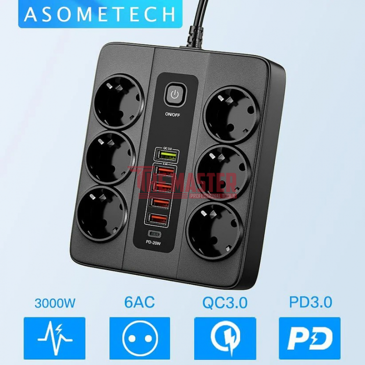 УНИВЕРСАЛЕН РАЗКЛОНИТЕЛ С 6 ГНЕЗДА, 5 USB ПОРТА + 1 TYPE-C, QC3.0, 3000W