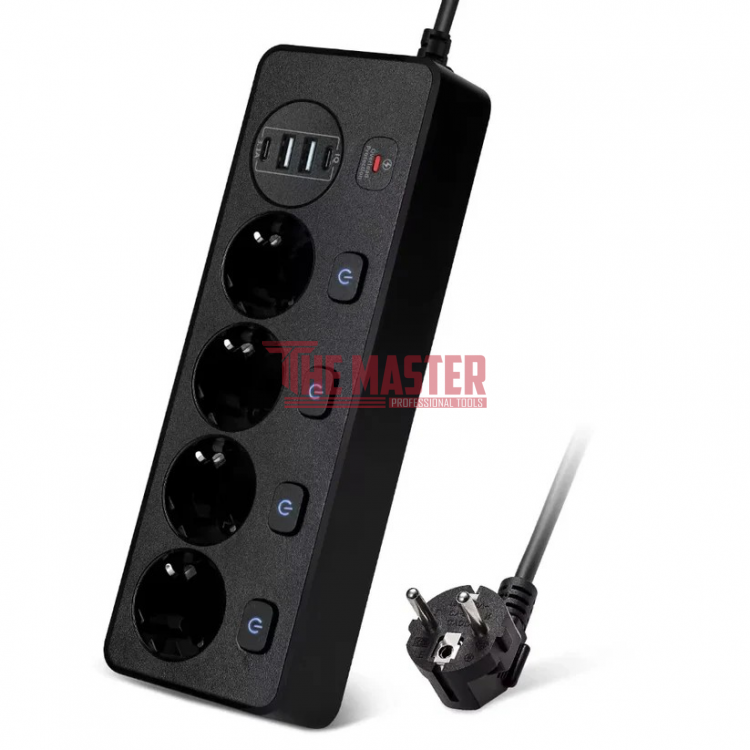 РАЗКЛОНИТЕЛ СЪС ЗАЩИТА 4 ГНЕЗДА + 2 USB + 2 TYPE-C FAST CHARGE
