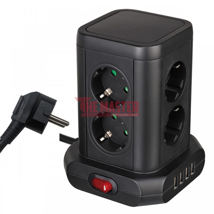 РАЗКЛОНИТЕЛ ТИП КУЛА KONEKTO KN41091 – 8 ГНЕЗДА + 4 USB, 3500W ЧЕРЕН