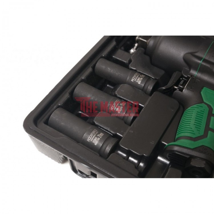 ПНЕВМАТИЧЕН ГАЙКОВЕРТ С КЪС ШПИНДЕЛ 1450 NМ 1/2" ROCKFORCE С ВЛОЖКИ И КУФАР